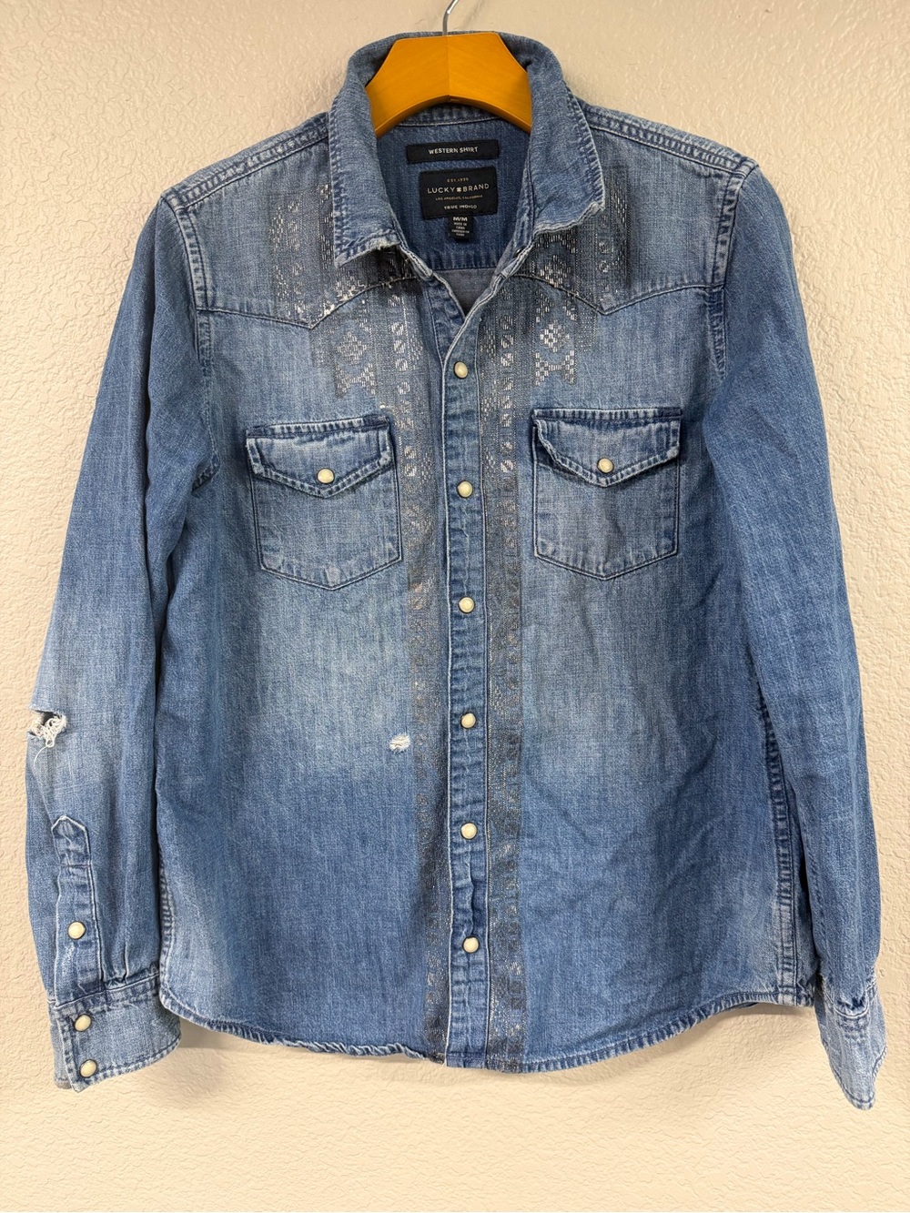 Lucky Brand Women’s Denim Western Shirt with Pearl Snaps & Metallic Detail